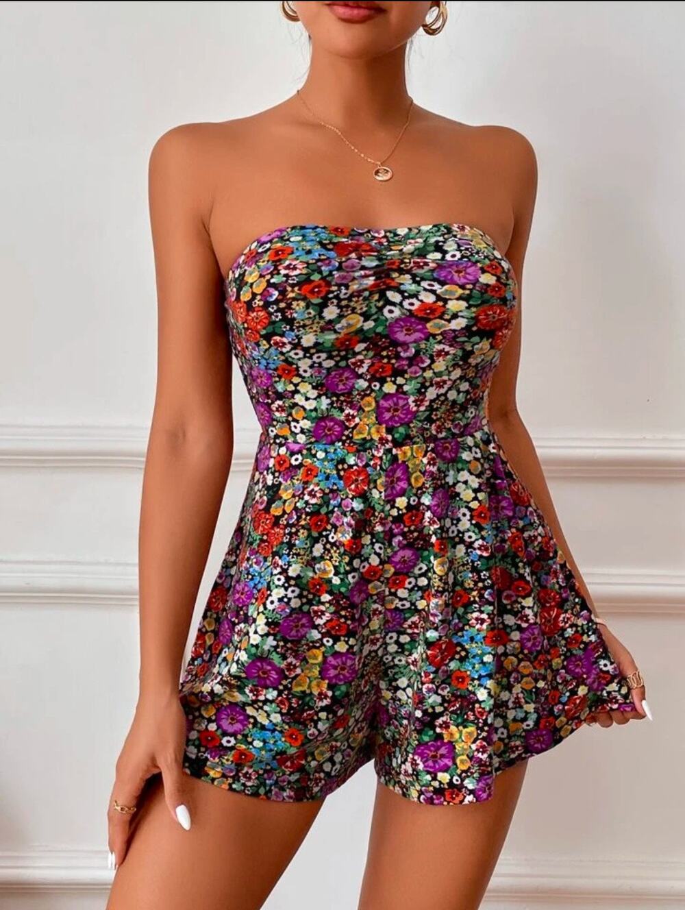 SHEIN Privé Allover Floral Print Tube Romper Size Large
